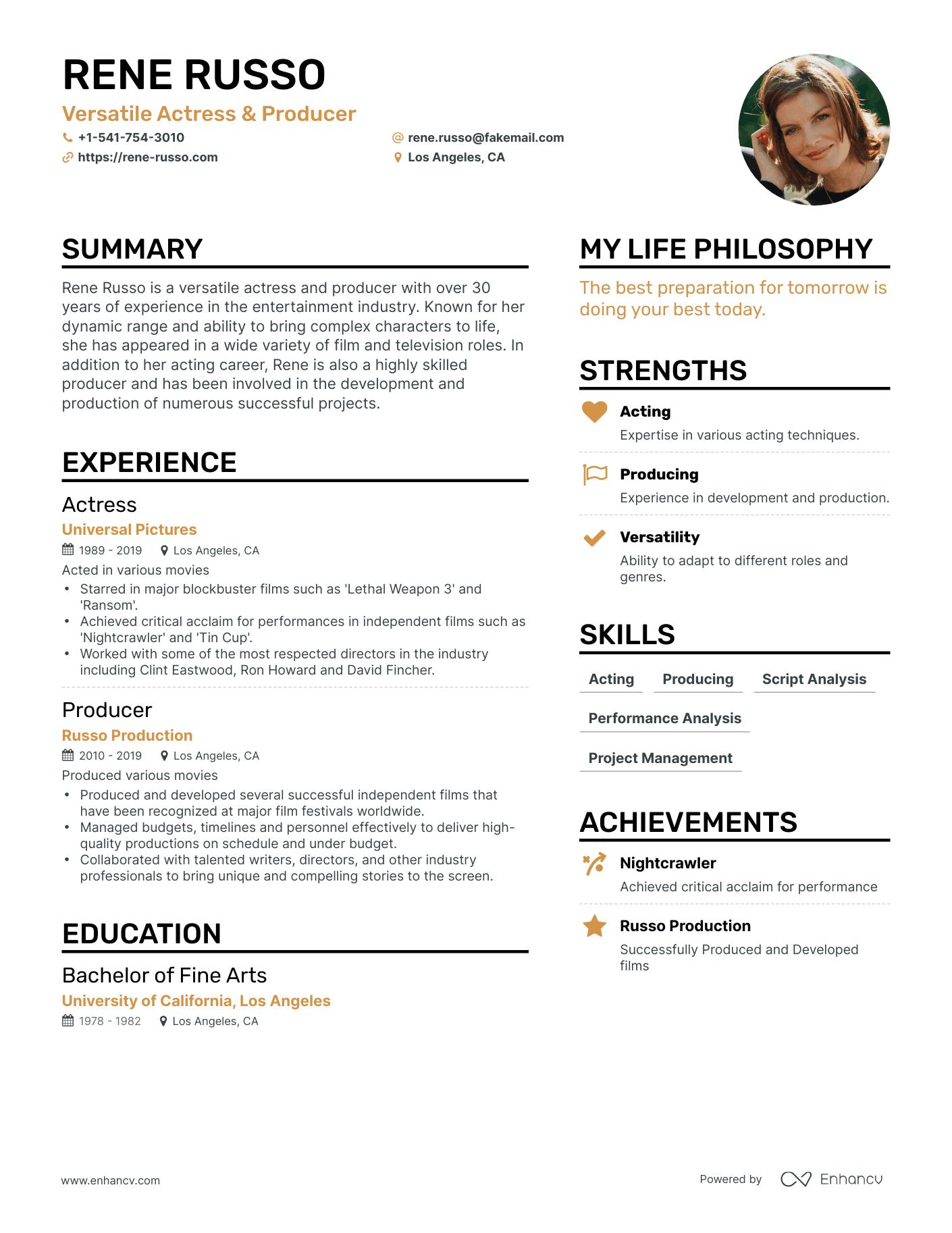 <b>Rene Russo's</b> Resume Example - ChatGPT Famous Resumes