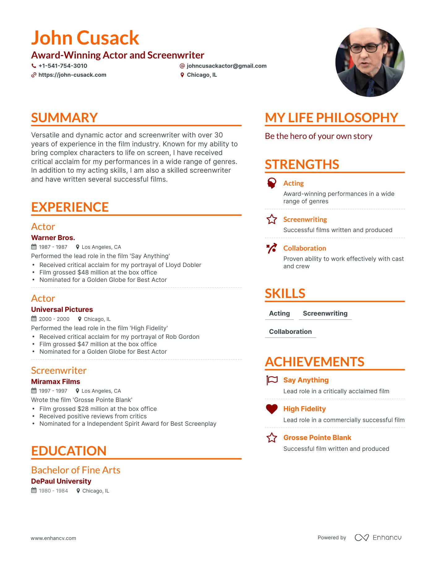 <b>John Cusack's</b> Resume Example - ChatGPT Famous Resumes